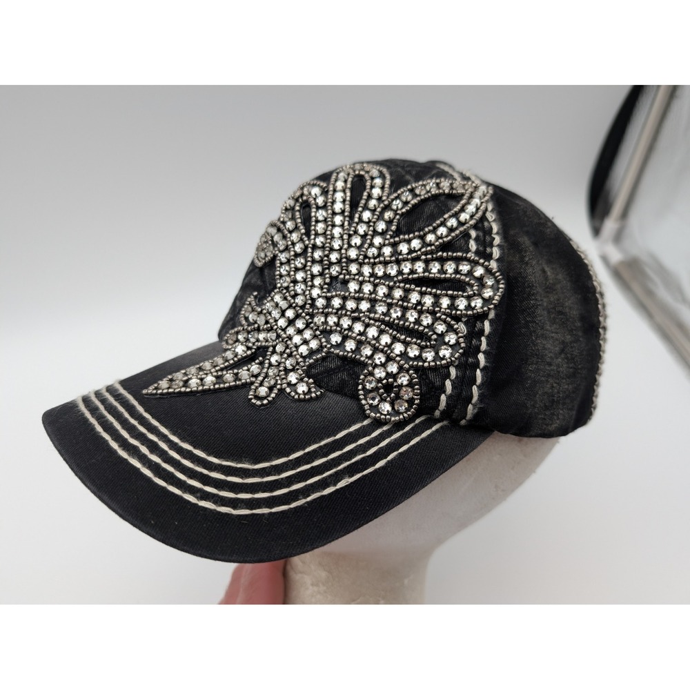 Olive & Pique Rhinestone Fleur-de-Lis Acid Wash Denim Baseball Cap Black Hat